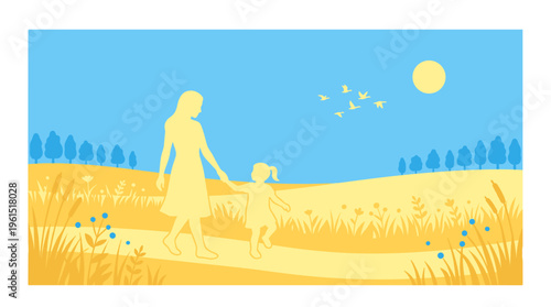 A mother and child strolling hand-in-hand through a sunlit field, enjoying a sunny day