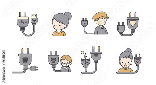 Cartoon electric plugs combined with diverse people expressing emotions and safety concepts, ideal for energy, connectivity, and technology designs
