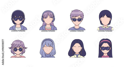 Collection of faceless cartoon avatars with hairstyles, sunglasses, headphones, and earrings, suitable for social media, profile icons, and digital projects