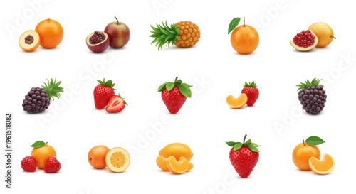 Collection of fresh tropical and berry fruits including pineapple, strawberry, blackberry, pomegranate, apricot, and mandarin orange isolated on white background, perfect for healthy food designs