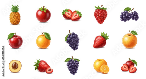 Colorful illustrated fresh fruits collection including pineapple, apple, strawberry, raspberry, grape, orange, and peach for healthy food design