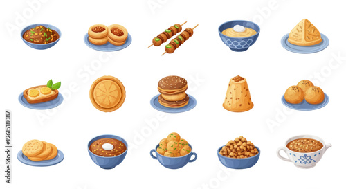 Collection of traditional Indian sweets and snacks icons in bowls and plates, colorful variety perfect for food menus and festive designs