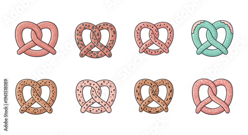 Colorful assorted cartoon pretzels with various toppings and shapes, ideal for bakery, food, snack, and illustration projects