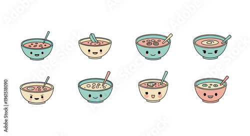 Cute cartoon bowls of soup with various facial expressions and spoons, colorful kawaii food illustrations perfect for kids and fun designs