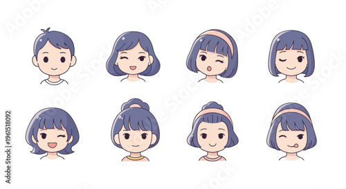 Cute animated cartoon characters with various winking expressions and hairstyles for avatar or emoji use in digital communication