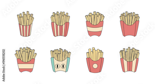 Set of eight stylized French fries illustrations in various packaging designs, ideal for food and restaurant branding or menu design elements