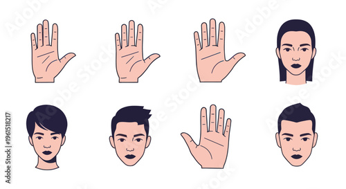 Set of illustrated human hands and faces with various hairstyles and expressions, ideal for avatars, icons, or educational content