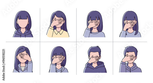 Set of faceless young people with purple hair covering their eyes with hands, diverse characters expressing shyness or hiding emotions, flat style illustration