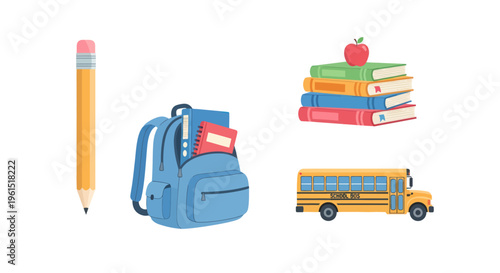 Back to school concept with pencil, backpack, books with apple and yellow school bus illustration for education and learning materials