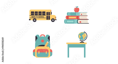 Back to school icons set with yellow bus, stacked books with apple, backpack with pencil, and globe on desk for education and learning materials