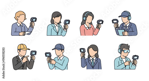 Businesspeople using infrared thermometer guns for temperature checks, safety and health monitoring concept illustration, ideal for workplace safety visuals