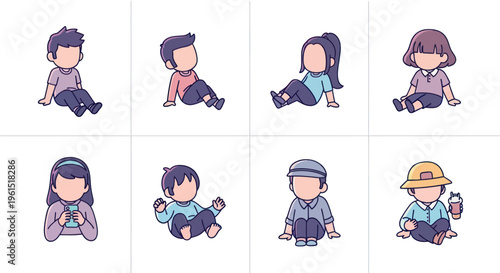 Cartoon faceless children sitting in various poses with casual clothes and accessories, cute character illustrations for kids content and design
