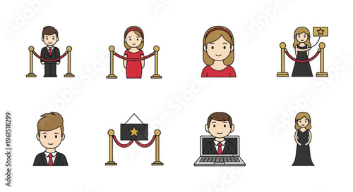 Cartoon people in formal dress with rope barriers and star signs, VIP event and online meeting concept, suitable for event invitations and business presentations