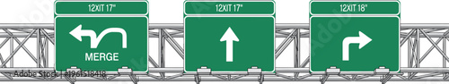 Green highway directional signs with lane arrows and merge indicators, mounted on overhead structure for traffic guidance and road navigation design template.