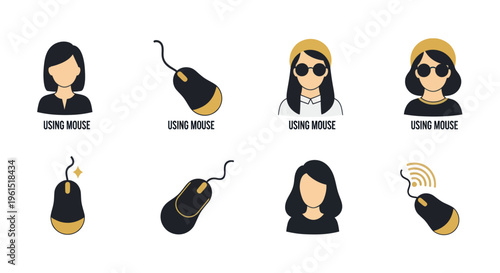 Flat style icons of women and computer mice with different accessories and wireless signals, ideal for technology and user interface design
