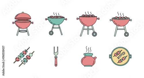Barbecue grill set with various grilling utensils and food items including skewers and fork, perfect for summer cookouts and outdoor BBQ illustrations