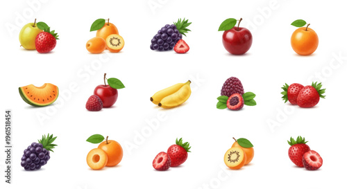 Assorted fresh fruit collection including apple, strawberry, kiwi, banana, raspberry, blackberry, apricot, melon, and plum on white background, healthy food concept