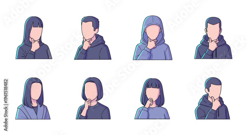 Collection of faceless people avatars in thinking pose, diverse hairstyles and hoodies, concept illustration for brainstorming or decision making