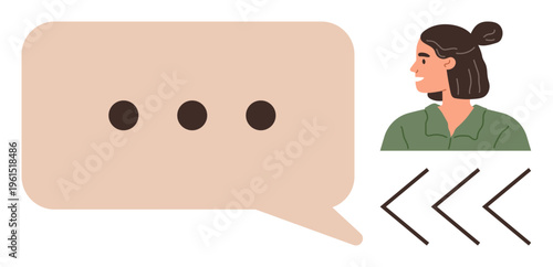 Social media, communication, conversations, online messaging, interaction, human connection. A speech bubble, woman in profile and directional arrows are . Communication and social media concept