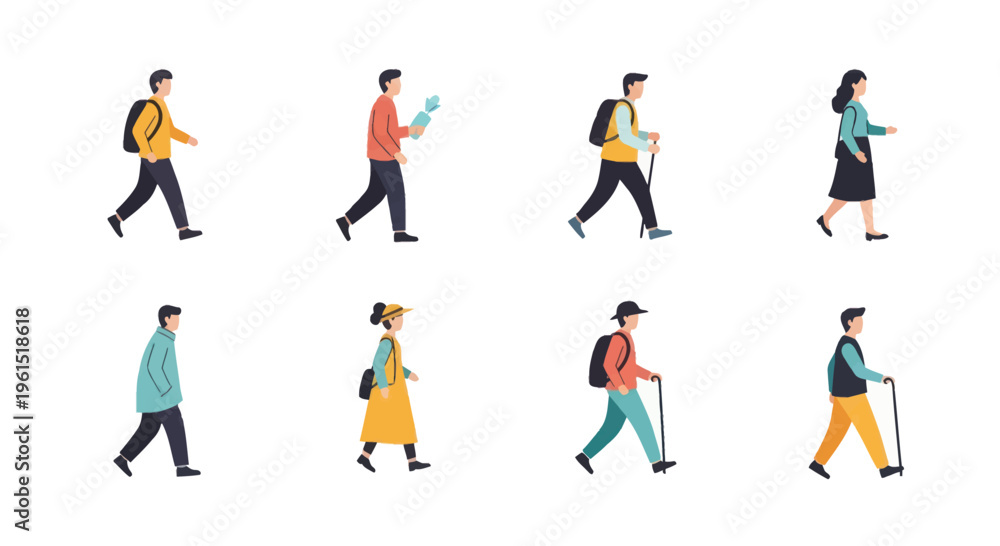 Fototapeta premium Set of diverse walking people illustrations with backpacks and canes, casual and outdoor clothing, perfect for lifestyle and character design projects