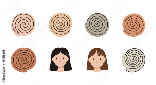 Diverse skin tone spiral icons with female avatars, inclusive design elements for health, beauty, and diversity themes