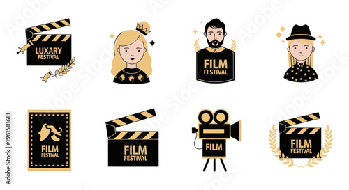 Film festival icons set with clapperboards, movie camera, laurels, and illustrated characters in black and gold, perfect for cinema and event design