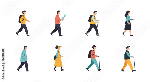 Set of diverse walking people illustrations with backpacks and canes, casual and outdoor clothing, perfect for lifestyle and character design projects