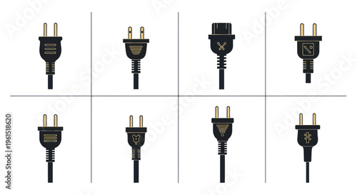 Set of eight black and gold electric power plugs with different designs isolated on white background, energy connection icons for technology or electricity projects