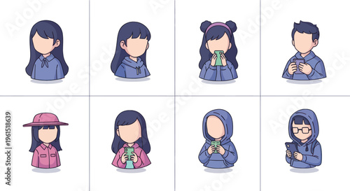 Set of faceless cartoon avatars of men and women with different hairstyles and clothing styles using smartphones, perfect for social media and app profile icons