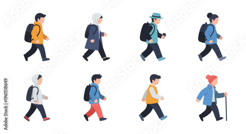 Diverse walking people flat icons collection with backpacks and casual outfits, inclusive characters for urban lifestyle and travel designs