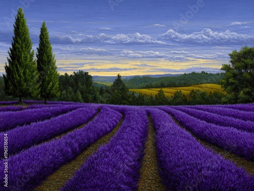 Lavender field at sunset with trees.