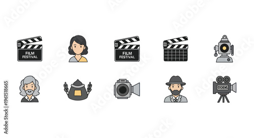 Film festival icons set with clapperboards, old and modern cameras, classic director characters and awards, perfect for movie and cinema projects