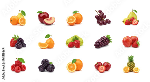 Assorted fresh fruit collection with apples, oranges, pears, berries, grapes, pineapples and peaches isolated on white background, healthy food concept
