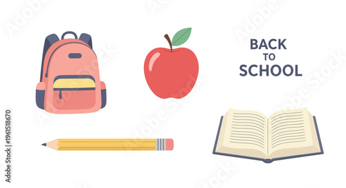Back to school concept with backpack, apple, pencil, and open book flat icons, education and learning illustration for student supplies and study materials
