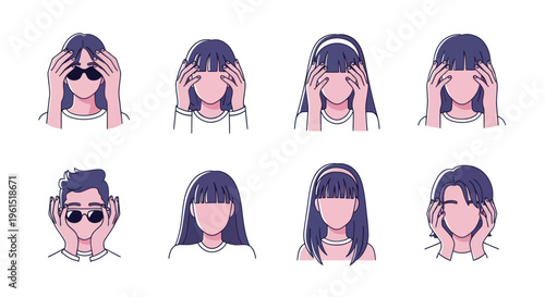 Faceless people icons with different hairstyles and accessories covering their faces, ideal for anonymity or privacy concepts