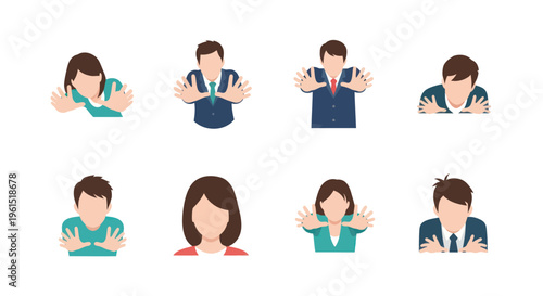 Group of diverse faceless business people and casual individuals with hands raised stop gesture isolated on white background, concept of refusal or caution