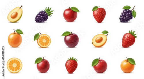 Set of colorful fruit illustrations including avocado, blackberry, apple, strawberry, grape, and orange, perfect for healthy lifestyle and food-related designs