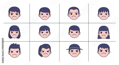 Set of 12 angry angry cartoon male and female faces with different hairstyles and expressions, perfect for emotion or communication concepts