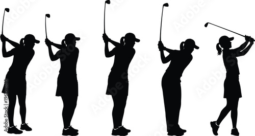 set of female golf player silhouettes in different swing poses isolated on white background representing sport activity movement and athletic performance