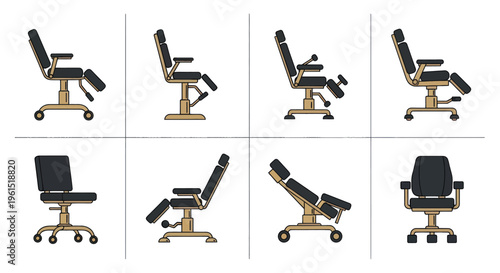 Set of adjustable reclining chairs with footrests and armrests shown from multiple angles, ideal for furniture design and ergonomic office concepts