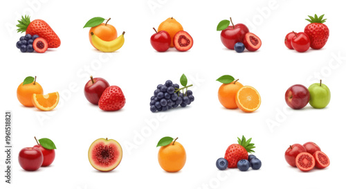 Colorful assortment of fresh mixed fruits including apples, strawberries, oranges, grapes, bananas, cherries, and figs on white background perfect for healthy food designs