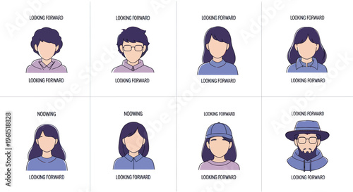 Set of diverse faceless avatar illustrations looking forward, male and female characters with various hairstyles and accessories, ideal for user profiles and social media icons