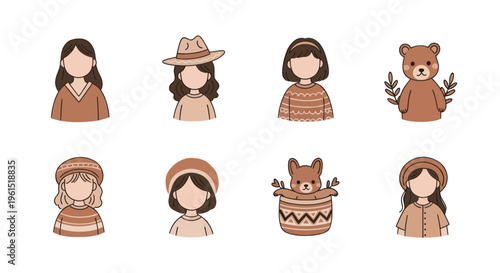 Cute hand drawn avatars of girls and animals in warm earthy tones for social media, profile icons, and creative projects