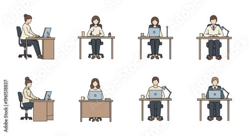 Set of diverse business people working in office sitting at desks with laptops and computers, flat vector illustrations for corporate teamwork and remote work concepts