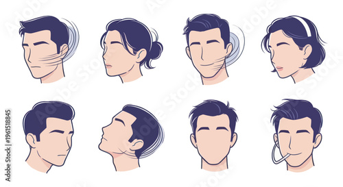 Set of animated facial gesture illustrations showing various emotions and expressions for male and female characters, perfect for digital storytelling and design