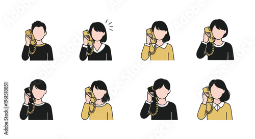 Set of diverse faceless people talking on vintage corded telephones, communication and customer service concept, flat vector illustration ideal for business and tech projects
