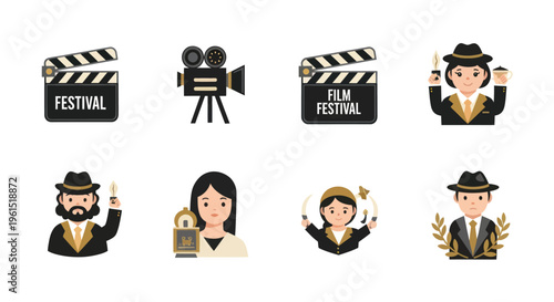 Film festival icons set with clapperboards, vintage camera, actors holding awards and celebrating, ideal for cinema and entertainment projects