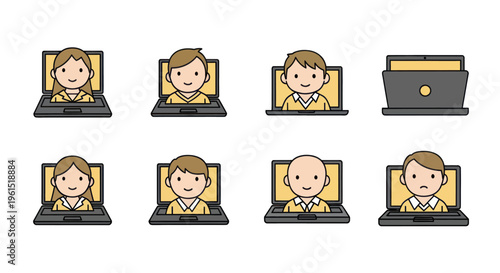 Set of diverse cartoon people appearing from laptop screens with different expressions and styles, perfect for remote work and online communication concepts
