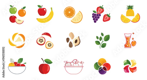 Set of colorful fruit and juice icons including apple, banana, orange, strawberry, grapes, pineapple and bowl, perfect for healthy food designs