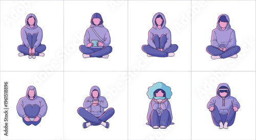 Set of eight vector illustrations of faceless people wearing hoodies in various seated poses with gadgets and accessories, perfect for tech and casual lifestyle designs